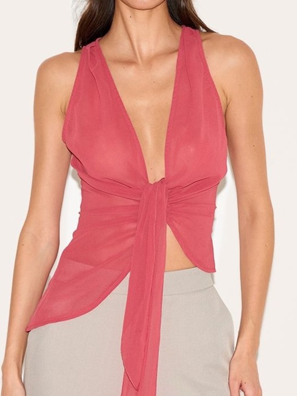 PrettyLittleThing Sheer Tie Front Top Coral Pink Sz 4